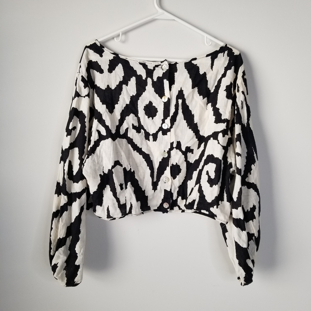 Rachel Zoe Black/Cream Geometric Long Balloon Sleeve Linen Blend Blouse Size L - Picture 9 of 11